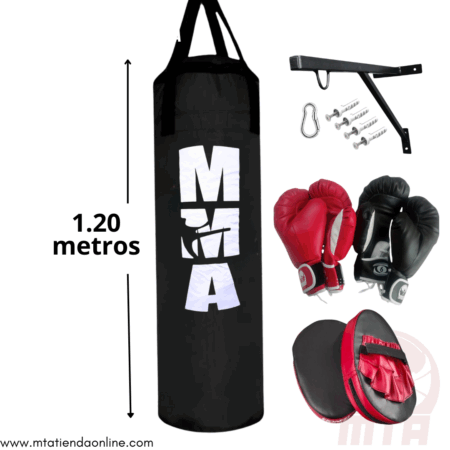 Saco de boxeo con guantes, soporte y manoplas